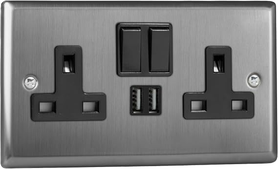 Varilight Double Switched Plug Socket With USB Charging - Classic Brushed Steel With Black Insert, XT5U2SB