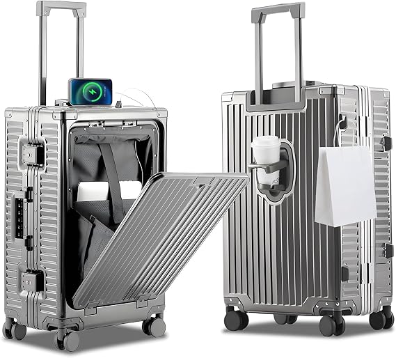 YYW All Aluminium Luggage With Spinner Wheels Lightweight PC hardside Rolling Suitcase, Built-In TSA lock Carry on Suitcase, with Cup Holder, USB Port, Phone Holder (Gray,20inch/35x23x55cm)