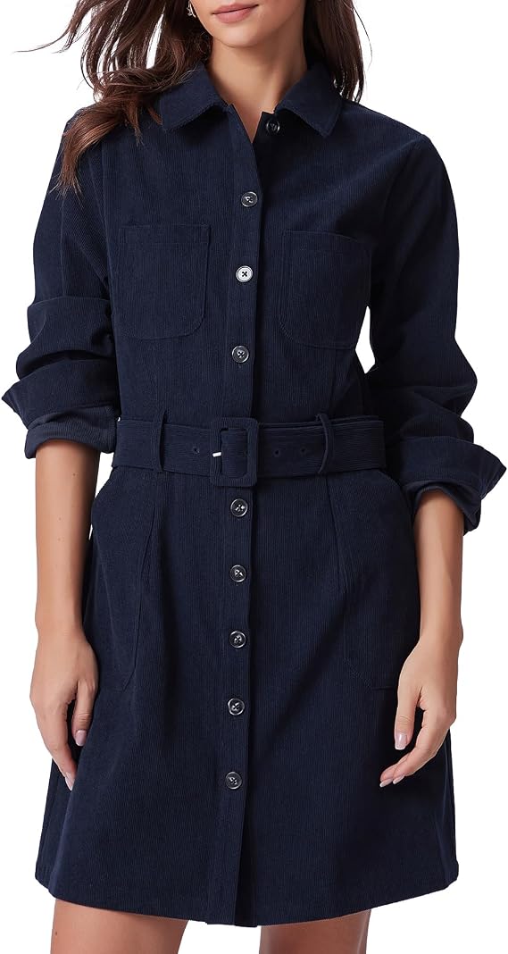 Kedera Women's Corduroy Shirt Dress Casual Fall Winter Collared Neck Button Down Short Work Mini Dresses with Belt