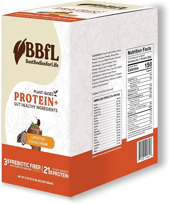 BBfL Plant-Based Protein Shake 21g Vegan Protein, Cocoa + Apple Cider Vinegar, Prebiotics, Digestive Enzymes, Supports Gut Health All-in-One Shake for Women & Men (10 Servings, Cocoa Cream)