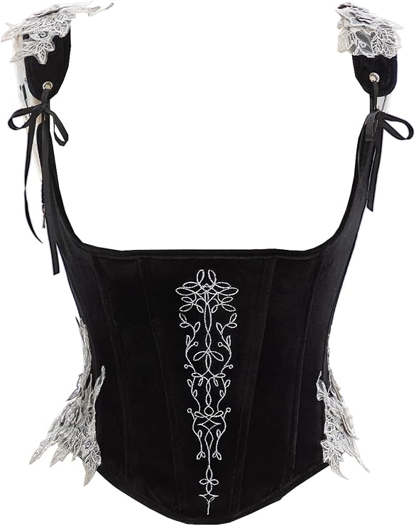 daizbella Women Velvet Medieval Corset Embroidery Elf Style Renaissance Corset Tops Overbust Boned Bustier Bodice