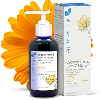 Blue Beautifly USDA Certified Organic Arnica Body Oil Serum - Relieves Muscle Soreness & Joint Pains - With Healthful Properties of Ashwagandha, Gotu Kola, and Comfreys Allantoin - 4 fl oz