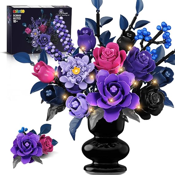 HiWEEGO Flowers Bouquet Building Set with LED Light - 17 Artificial Flowers Toy, 887PCS Purple Roses Botanical Collection Building Block, Gothic Home Decor Mother's Day Birthday Gifts for Adults Women