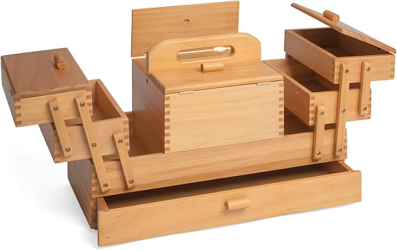 Hobby Gift Wooden Cantilever Sewing Crafting Hobby Storage Box, GB9590, 3 Tier with Drawer, 23 x 45 x 27.4cm