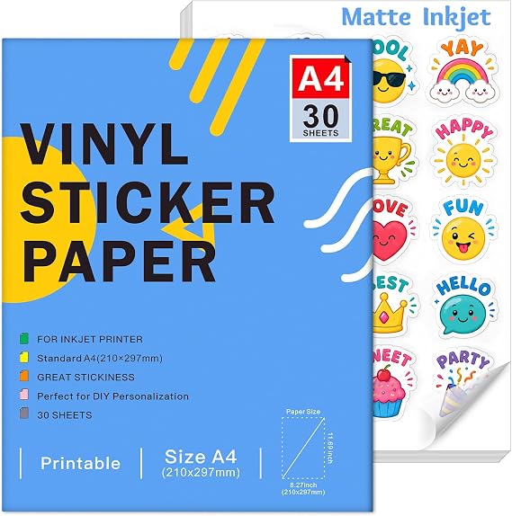 Ruibytree Printable Matte Vinyl Sticker Paper A4 for Inkjet Printer 30Sheet