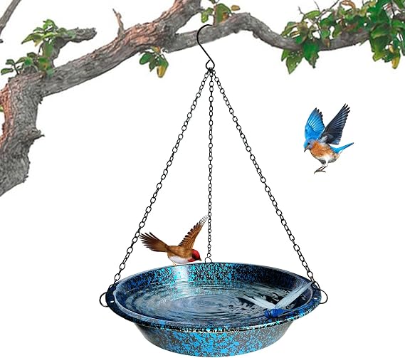 TIANCENTRAL H Hanging Bird Bath for Outdoors 11.4 inch Birdbath Bowl with Rust-Proof Black Chains Hooks Metal Hanging BirdBaths Hanging Bird-Feeder for Garden Backyard Decor Blueblack