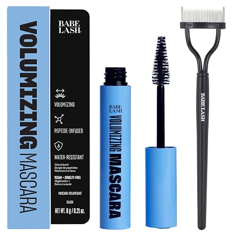 Babe Original Volumizing Mascara & Lash Comb Set, Black | Smudge-proof, water-resistant volumizing mascara with reusable stainless steel lash comb to separate lashes & remove clumps