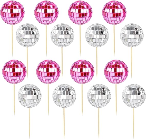 Ball Cake Toppers, 16 Pcs Mini Pink Silver Balls Cupcake Topper Shiny Retro Ball Cake Toppers Decorations with Stick for Dessert