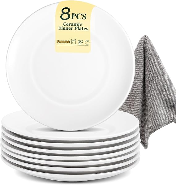 8 Pcs White Dinner Plates, 20.3cm Porcelain Salad Plates