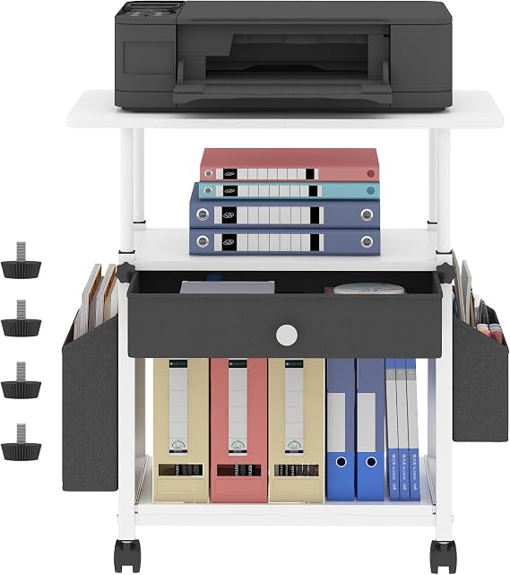3 Tier Printer Stand with Drawer Storage,Rolling Printer Shelf with Slide-out Shelf&2 Side Pockets,Multi-Purpose Home Office Organizer,Printer Table on Wheels,for Fax Machine,Scanner,3D Printer