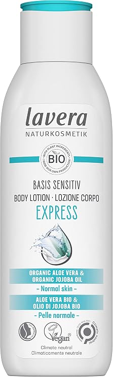 lavera Basis Sensitive Body Lotion Express 24-hour fast-absorbing moisturiser with organic aloe vera & organic jojoba oil, absorbs extra quickly vegan & dermatologically tested 250 ml