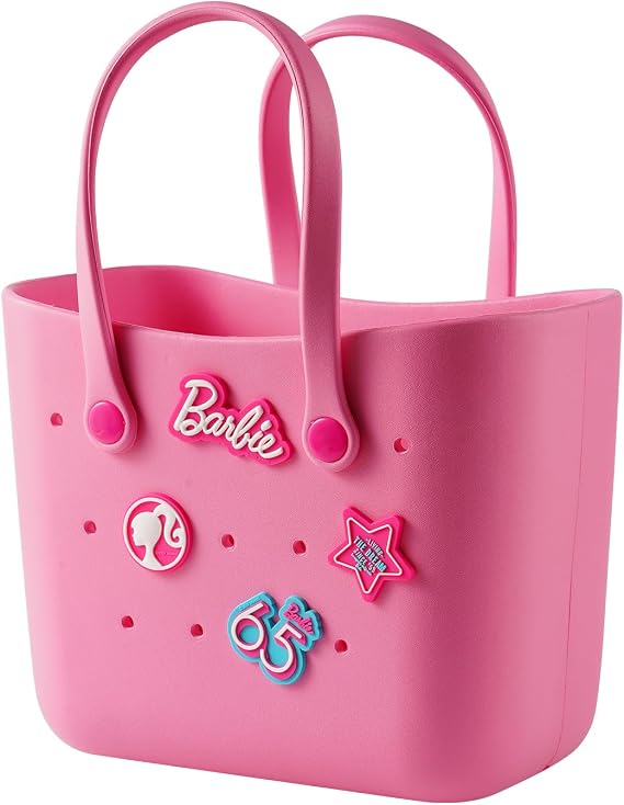 MINISO Barbie Tote Bag, Reusable Small Rubber Waterproof Bag, Cute Design Practical And Portable Handbag for Work Travel (PINK)