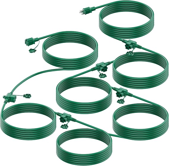 Outdoor Extension Cord Multiple Outlet, 50 Ft Christmas Light Extension Cord Evenly Spaced 6 Outlets Plugs with Safety Cover, 16/3 SJTW Green Extension Cord Outdoor Waterproof
