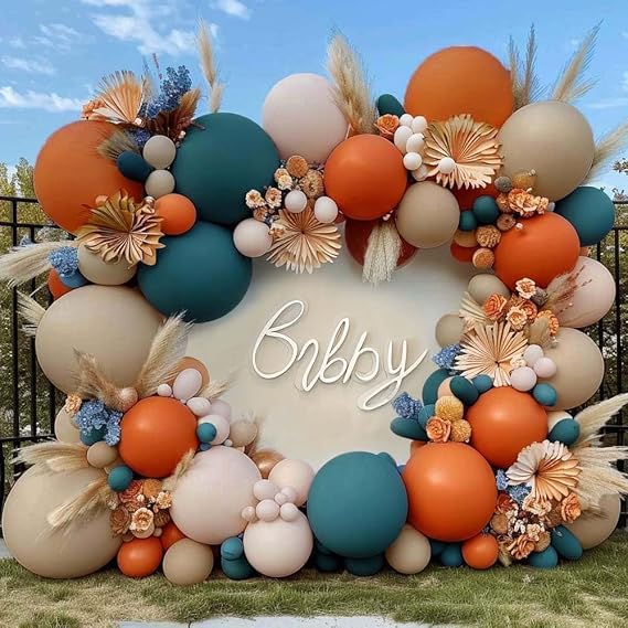 Dusty Blue Orange Balloon Arch Kit Double Stuffed Burnt Orange Blush White Sand Balloon Garland with Dark Teal Latex for Boho Baby Shower Birthday Bridal Wedding Fall Autumn Party Decor