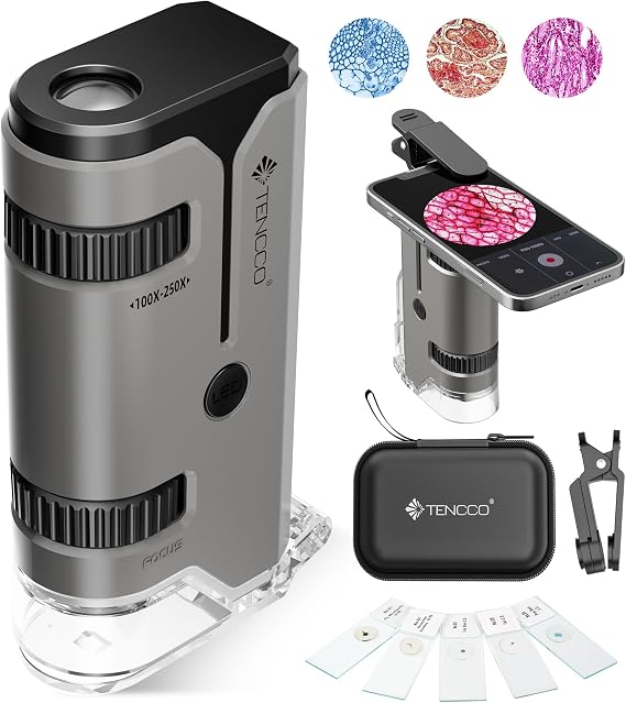 100x-250x Mini Pocket Microscope for Kids Adults, Protable Handheld Microscope, Miniscope Portable for Kids Adults Science Lab Education, Grey