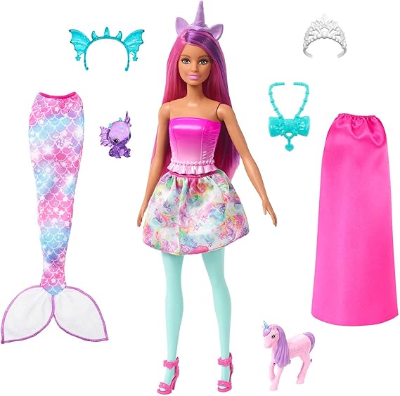 Barbie™ Dreamtopia Doll and Accessories Barbie Doll and her pets, doll in clothes, mermaid tail and skirt HLC28
