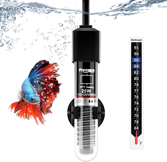 FREESEA Aquarium Fish Tank Heater: 25W Small Betta Turtle Heating | Submersible Aquarium Heater with Preset 78F Temperature for 1-5 Gallon Betta Turtle Freshwater Saltwater Tank