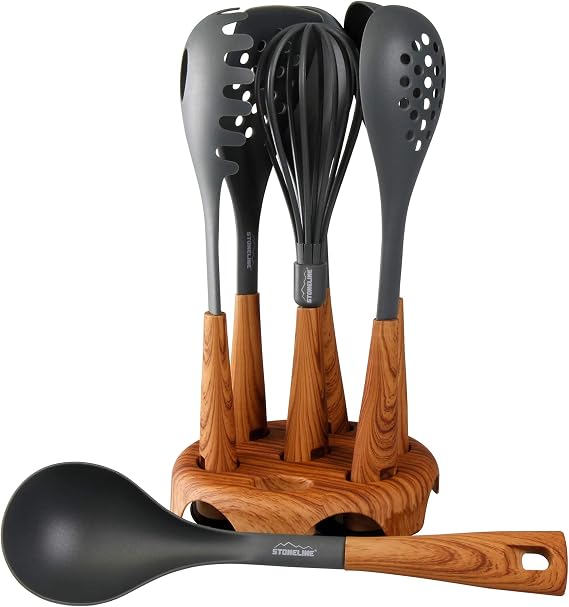 Stoneline ‘Back to Nature’ 8-Piece Kitchen Utensil Set Wood Look Rotating Stand Cooking Cutlery for Non-Stick Cookware and Bakeware Stylish Kitchen Accessories