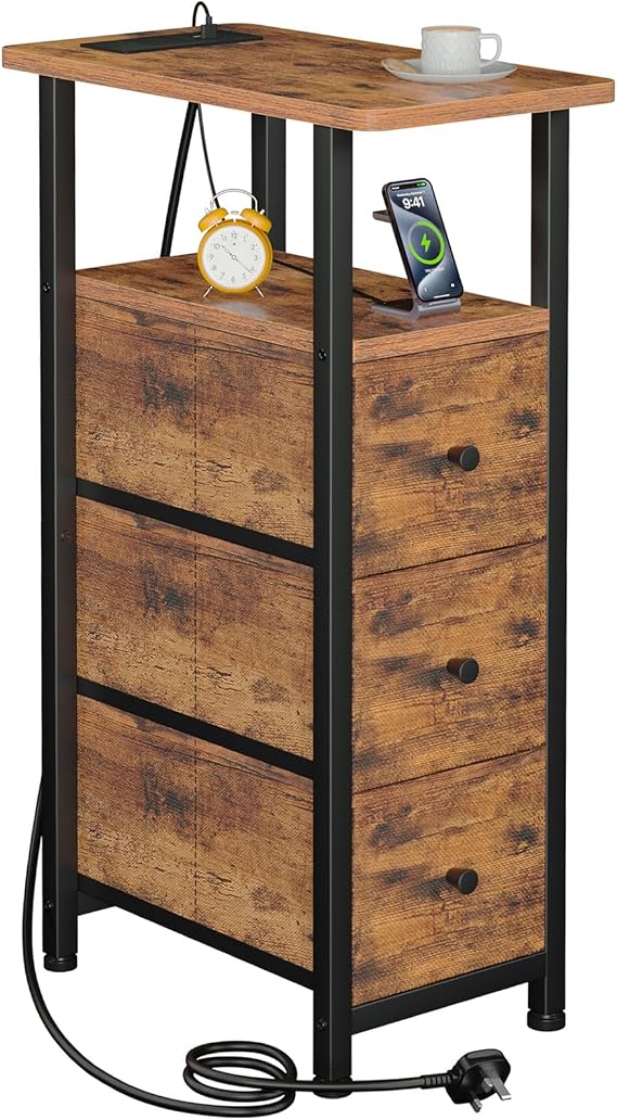 LOAKEKEL Narrow Bedside Table, Slim Side Table with Charging Station