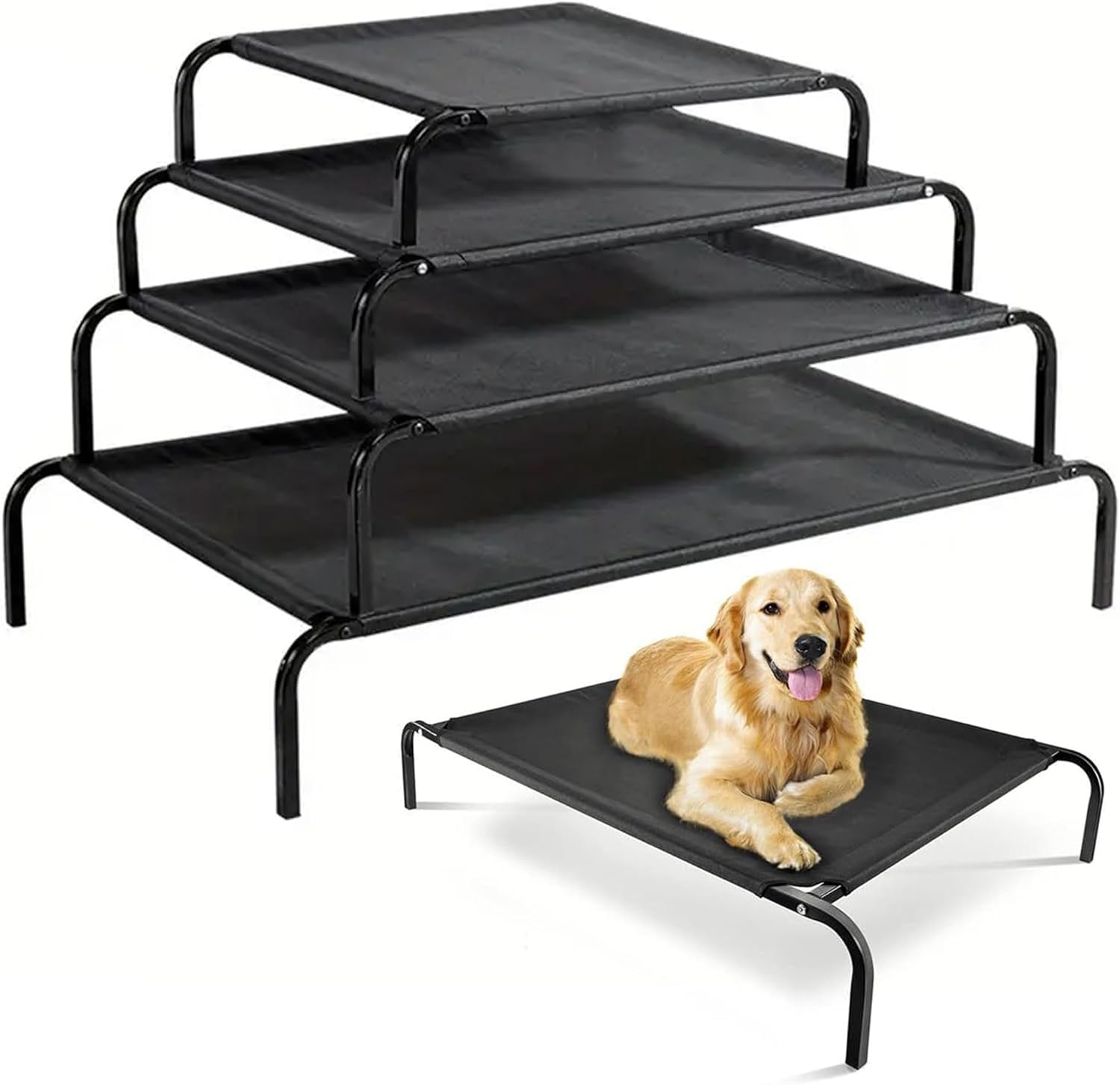 Elevated Dog Bed With Non-Slip Feet - Portable Cooling Pet Cot for Small, Medium and Large Dogs - Indoor/Outdoor Sleeping Mat (Black)