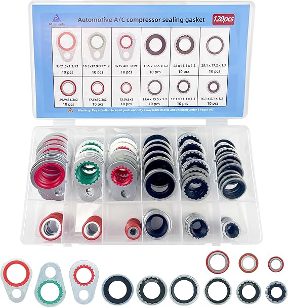 120pcs automotive A/C system compressor gasket seal, Air Conditioner Compressor Port Seal Gasket Kit Bonded Gasket Seal Assortment Set (120 pcs)