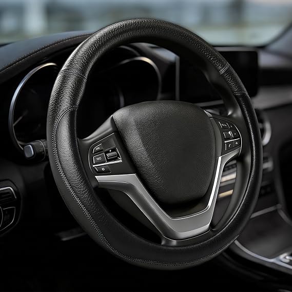 Car Steering Wheel Cover, Durable Leather Cover with Anti-Slip Lining, Microfiber PU Leather Elastic Steering Wheel Protector, Comfortable Non-Slip Steering Wheel Covers for Autos (Black)