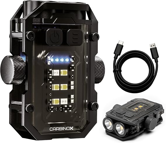 CARBINOX Flashlight Mini, 300 Lumens Rechargeable LED+COB Light, Dual Independent Switches, 7 Modes w/Red-Blue Warning, USB-C Fast Charging, Cap-Clip Hands-Free Use