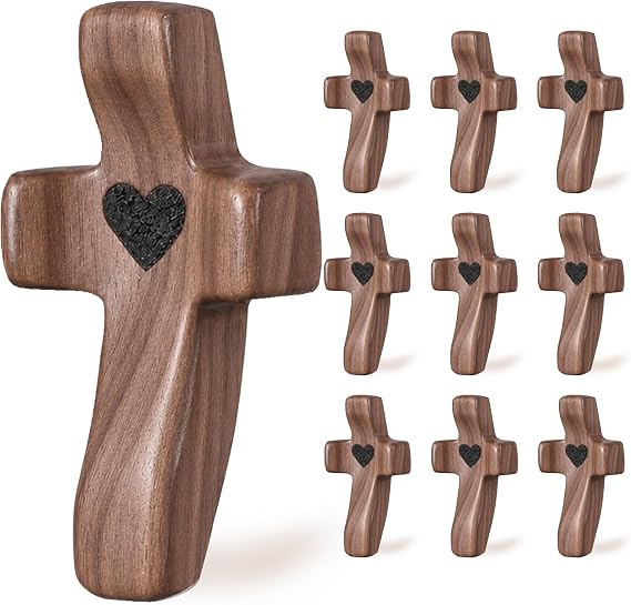 10Pcs Wooden Cross Fidget Pocket Prayer Crosses Bulk, Handheld Comforting Cross for Anxiety Relief, Christian Religious Gifts, Baptism Favors, Church Cross My Heart Encouragement Gifts