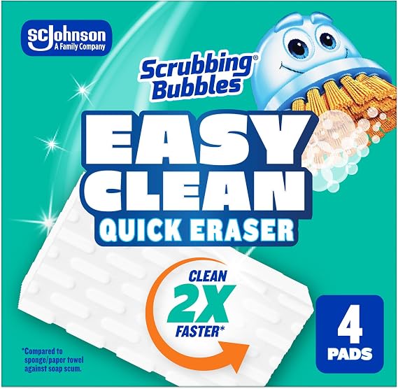 Scrubbing Bubbles Easy Clean Quick Eraser, Multipurpose Durable Bathroom Cleaner Sponge for Shower and Tub Tiles, Sinks, Faucets, Counters, Toilets, Glass Doors & More, 4-Count