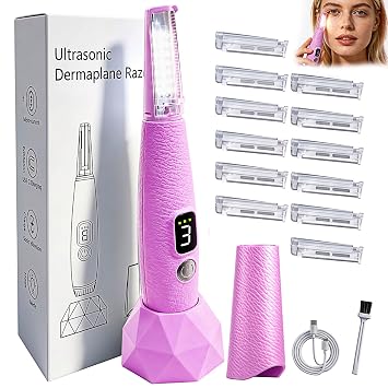 Sonic Dermaplane Razor for Women Face with 12 Refill Blades, Dermaplaning Tools for Peach Fuzz & Exfoliation, Eyebrow & Face Hair Remover,3 peeds,LED, Rechargeable Dermaplane Razor,Pink