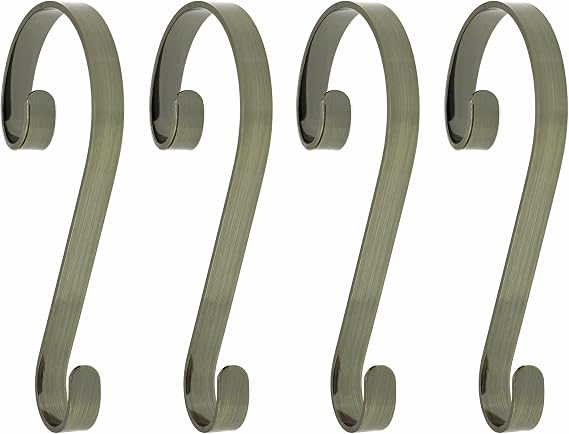 Haute Decor Stocking Scrolls Stocking Hanger - 4 Pack (Antique Brass) - Christmas Stocking Holder Set - for Various Mantel Styles and Sizes Including Large