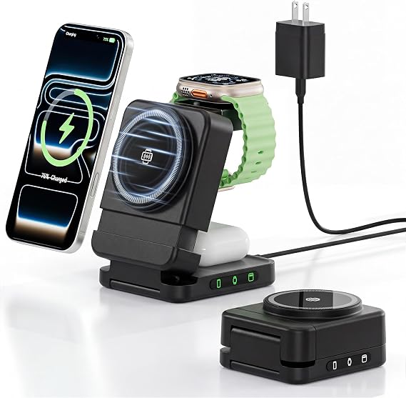 Wireless Charger 3 in 1, Foldable Charging Station for Apple Samsung Multi Devices Charging, Magnetic Charging Stand, Portable Travel Fast 15W Charger Station for iPhone, TWS, iWatch (Black)
