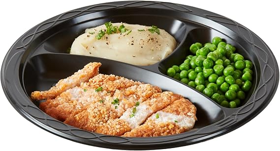 Restaurantware-Chef 101 10.4 Inch Microwavable Food Plates, 100 Round Plastic Plates - 3 Compartments, Disposable, Black Plastic Dinner Plates, Serve Hot And Cold Foods, For Restaurants And Cafes