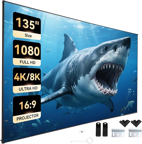 Fixed Frame Projector Screen Ultra-Thin 0.4" Aluminum Frame Wall Projector Screen 135 Inch, Effortless Setup | Perfect for Home Theater, Office Presentations & Outdoor Movies Spring-Loaded Design