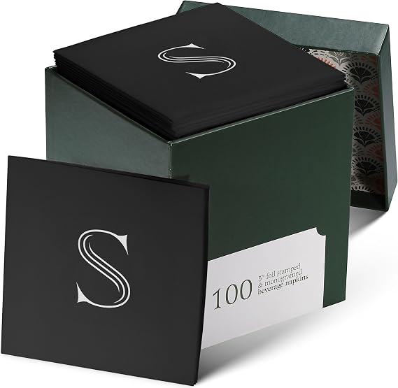100 Pack Disposable Monogrammed Cocktail Napkins Black, 5"x5" Linen-Feel Silver Foil Letter S Paper Napkins, Initial White Beverage Napkins For Wedding, Party, Bar Or Holiday