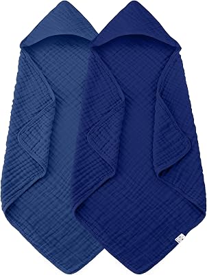 2 Pack Hooded Baby Towels - 100% Muslin Cotton for Newborns, Infants, Toddlers - Large 32x32 Inch Size - Highly Absorbent and Essential for Newborn Care, Deep Navy