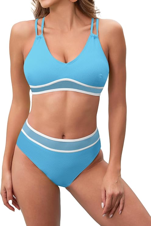 Scacto Women's 2 Pieces High Waisted Bikini Set V Neck Mesh Color Block Cheeky High Cut Bathing Suits Blue S