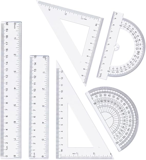 Geometry Set, 6-piece Clear Plastic Math Ruler, Drafting Ruler Kit Includes Protractor, Triangle Ruler, Straight Ruler-Math Measurement Tools for Students, School and Office Supplies