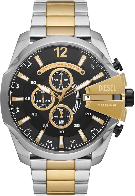 Diesel Mega Chief Watch for Men, Stainless Steel Chronograph Men's Watch, Color: Silver/Gold