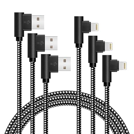 [3-Pack] Right Angle iPhone Charging Cable Nylon Braided 90 Degree Elbow Design Compatible with iPhone Xs Max/XS/XR/X, 8 7 6s 6 Plus, SE, 5s, 5c, 5, iPad Mini/Air/Pro (Black White, 10ft)