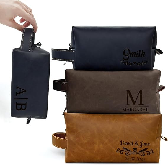Personalized Leather Toiletry Bag for Men, Custom Travel Shaving Kit Bag Engraved Name or Initial - Birthday, Wedding, Fathers Day Gifts for Groomsmen, Husband, Boyfriend, Son