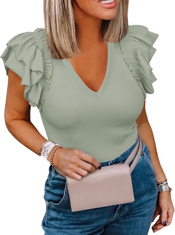 Womens Ruffle Tank Tops Summer Dressy Casual V Neck Slim Fit Ribbed Knit Sleeveless Shirts Green