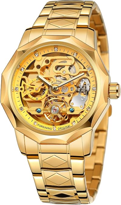 FORSINING Men's Automatic Movement Dodecagon Stainless Steel Skeleton Dial Self Winding Tourbillon Wrist Watch