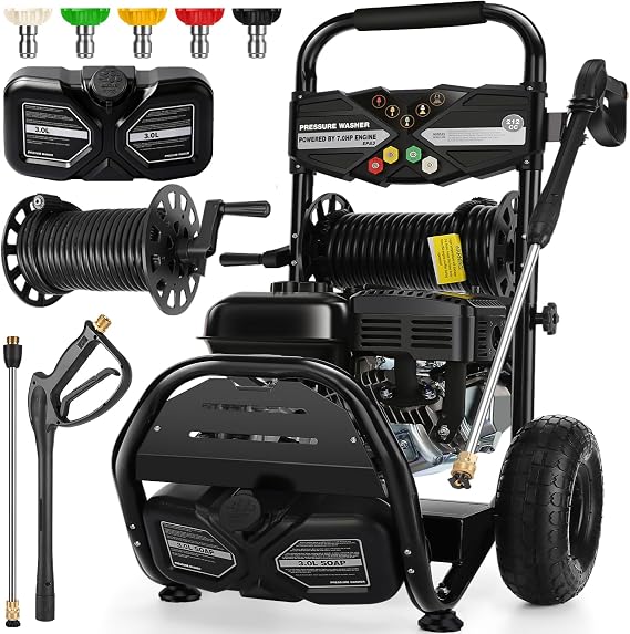 Professional 4200PSI 4GPM 212CC Gas Pressure Washer, 33FT Hose Reel 10" Wheel 3L Foam Bottle 5 Nozzles 7HP Heavy-Duty 3600RPM Commercial Gas Power Washer for Cleaning (EPA/CARB/ETL Compliant), Black