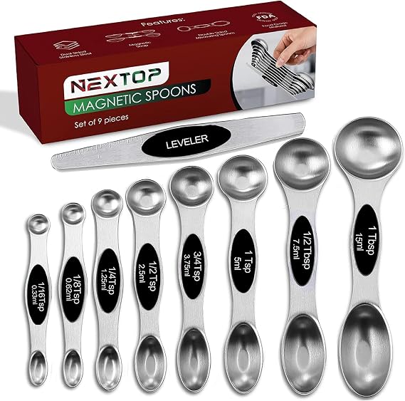 Nextop Stainless Steel Magnetic Measuring Spoons Set 9 Pieces Dual-Sided Stackable Magnetic Teaspoons and Tablespoons for Dry & Liquid Ingredients Kitchen Gadgets for Baking & Cooking Black