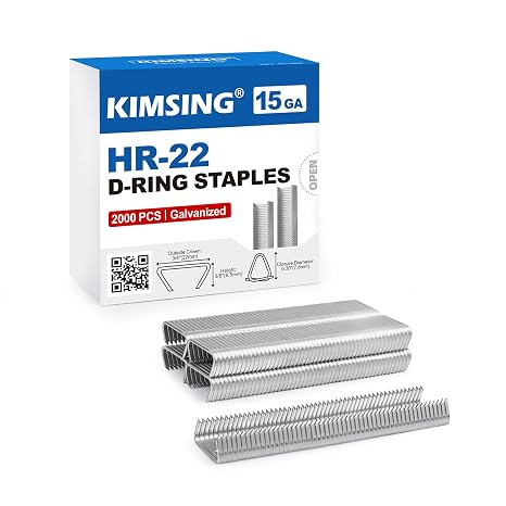 KIMSING HR-22 D Ring Staples 15 Gauge 3/4" Crown 2000PCS/Box | Galvanized Steel D-Type Hog Rings for Pneumatic Plier Gun for Car Seats, Bedding, Furniture, Fencing Repair