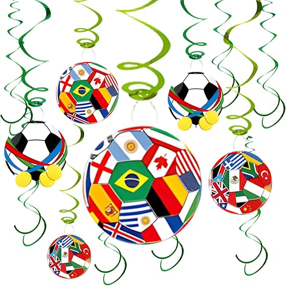 18 Piece World Cup Decorations 2026, Football Party Decorations for World Cup, Hanging Swirl Set with Football Cards and Green Spiral Streamers for Home Decor