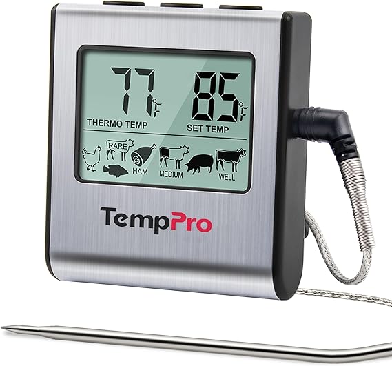 TempPro TP16 Large LCD Digital Meat Thermometer for Smoker Oven Kitchen BBQ Grill Thermometer Clock Timer with Stainless Steel Temperature Probe, Cooking Gifts for Father&HusbandPreviously ThermoPro