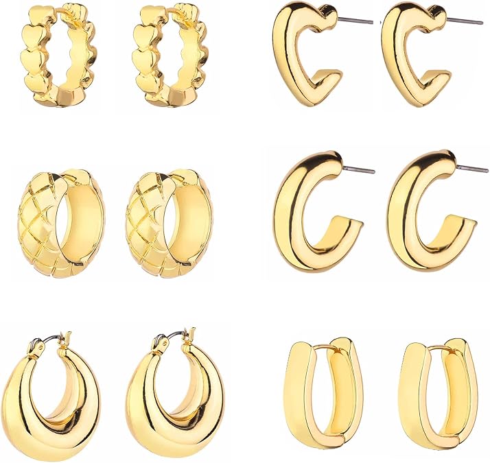 Wgoud 6 Pairs Chunky Gold Hoop Earrings for Women, 14K Gold Plated Hoop Earrings Hypoallergenic, Thick Lightweight Twisted Huggie Hoops Earring Set for Womens Jewelry GIfts