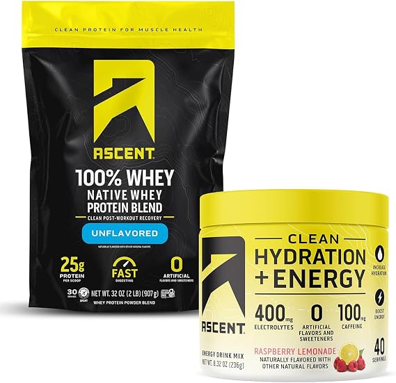 Ascent 100% Whey Protein Powder, Unflavored 2 lb & Hydration + Energy Electrolytes, Raspberry Lemonade 40 Servings